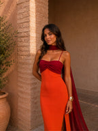 Robe longue drapée bicolore