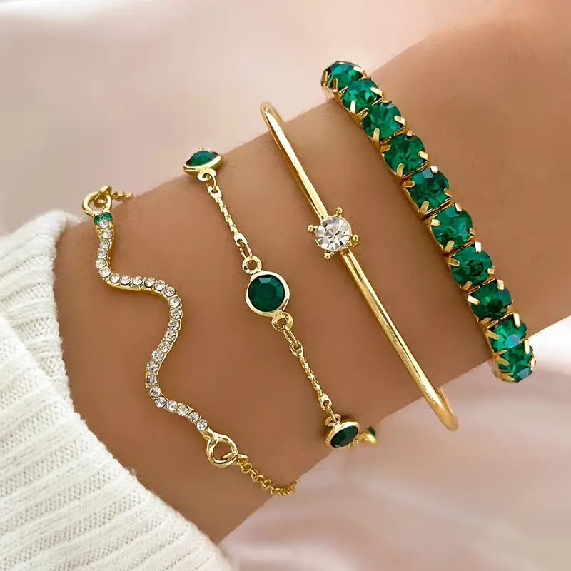 Pulseras vintage con circonitas verdes - Conjunto elegante
